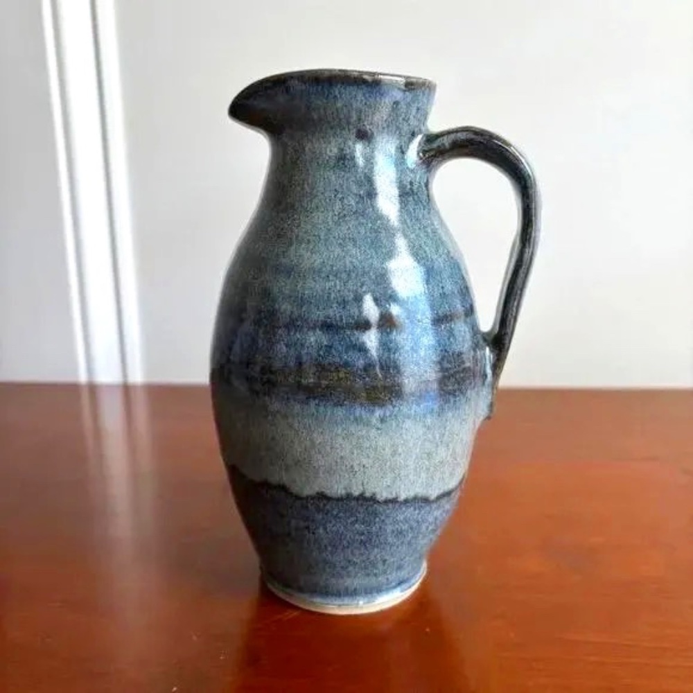 Vintage Blue Hand Coiled Stoneware Pitcher/Vase signed by artist 6.5"